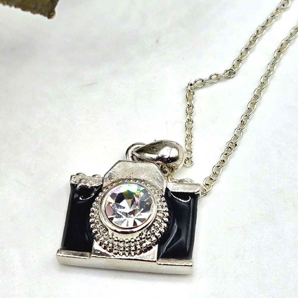 "5/$40" NRT Silvertone Black Enamel Camera Pendant Chain Necklace 16"